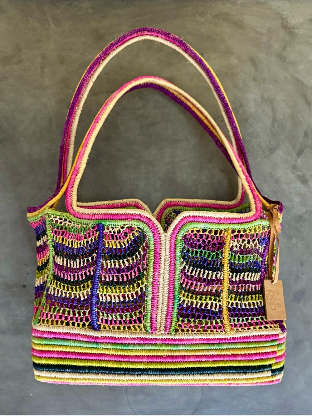 BTB Los Angeles Multicolor Raffia Architectural Open-Weave Tote